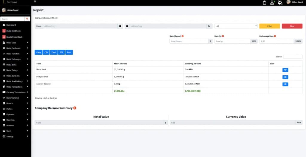 EasyJewelry company balance sheet showing metal and currency balances